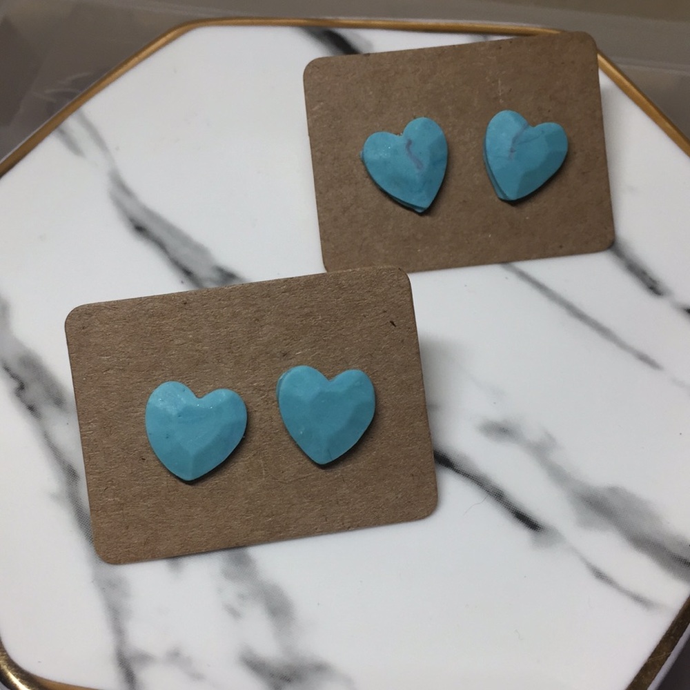 Handmade Polymer Clay Earrings- Aqua Heart Studs
